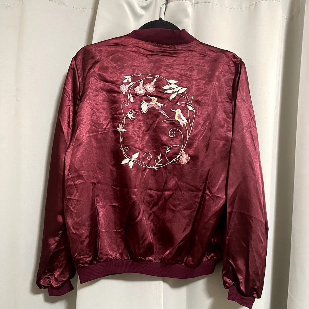 Y2K Helium Embroidered Hummingbird Burgundy Satin Sukajan Style Jacket